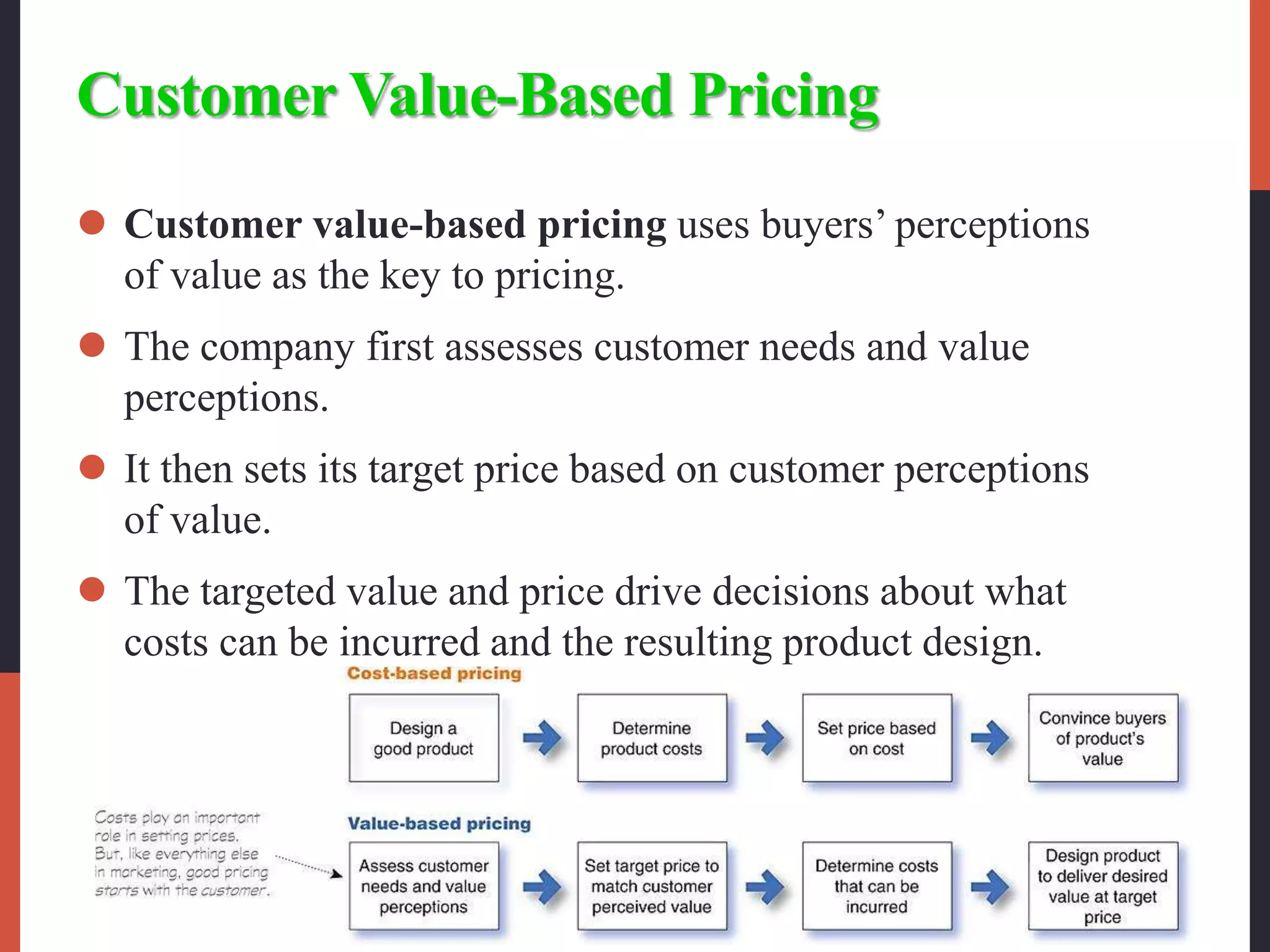 Customer Value-Based Pricing
 Customer value-based pricing uses buyers’ perceptions
of value as the key to pricing.
 The company first assesses customer needs and value
perceptions.
 It then sets its target price based on customer perceptions
of value.
 The targeted value and price drive decisions about what
costs can be incurred and the resulting product design.
 