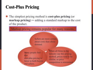 Cost-Plus Pricing
 The simplest pricing method is cost-plus pricing (or
markup pricing) ─ adding a standard markup to the cost
of the product.
Markup pricing remains popular for many reasons.
Sellers are more certain
about costs than about
demand.
When all firms in the
industry use this pricing
method, prices tend to be
similar, so price
competition is minimized.
Many people feel
that
cost-plus pricing is
fairer to both buyers
and sellers.
 