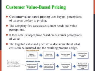 Customer Value-Based Pricing
 Customer value-based pricing uses buyers’ perceptions
of value as the key to pricing.
 The company first assesses customer needs and value
perceptions.
 It then sets its target price based on customer perceptions
of value.
 The targeted value and price drive decisions about what
costs can be incurred and the resulting product design.
 