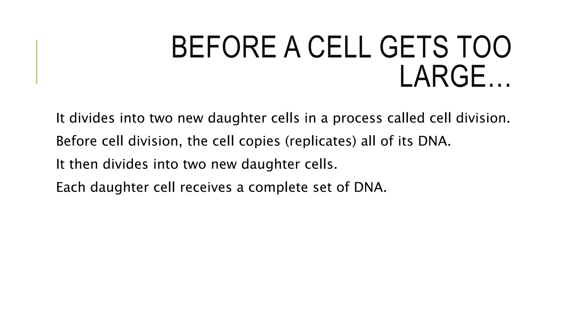 BEFORE A CELL GETS TOO
LARGE…
It divides into two new daughter cells in a process called cell division.
Before cell division, the cell copies (replicates) all of its DNA.
It then divides into two new daughter cells.
Each daughter cell receives a complete set of DNA.
 