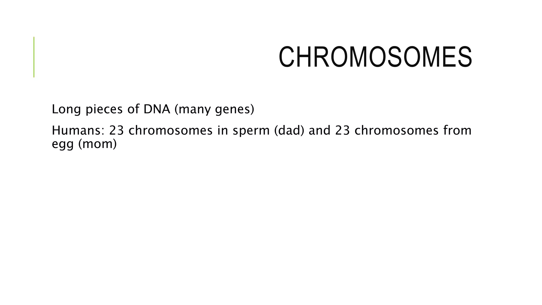 CHROMOSOMES
Long pieces of DNA (many genes)
Humans: 23 chromosomes in sperm (dad) and 23 chromosomes from
egg (mom)
 