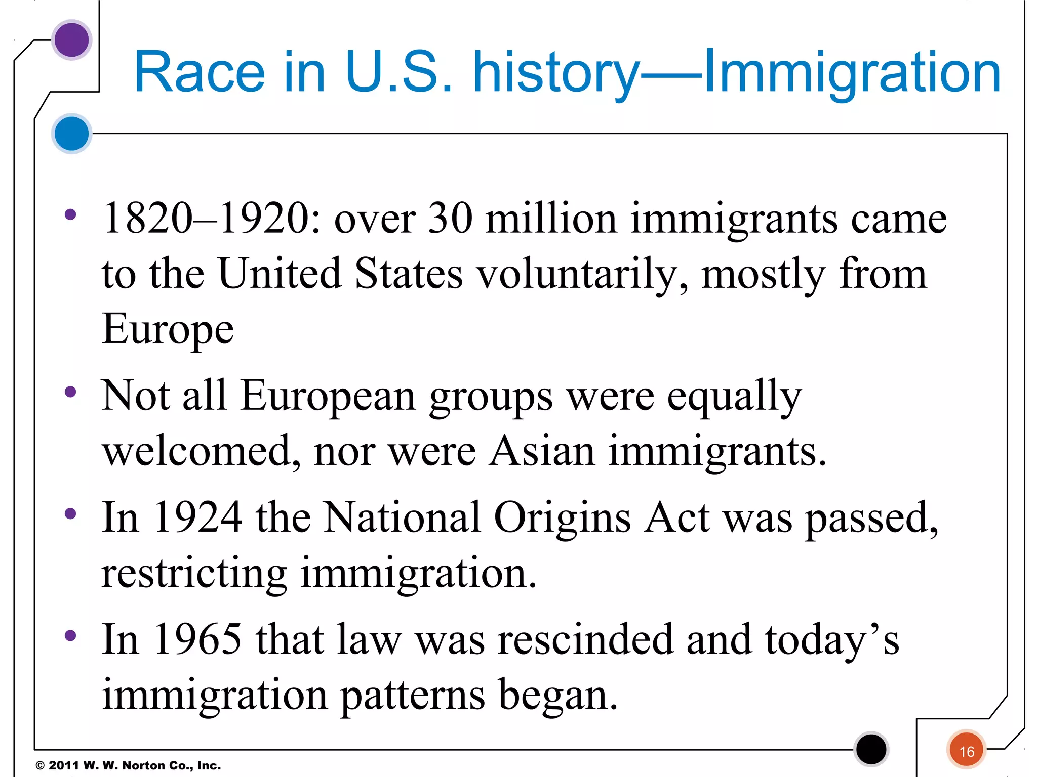 © 2011 W. W. Norton Co., Inc.
Race in U.S. history—Immigration
• 1820–1920: over 30 million immigrants came
to the United States voluntarily, mostly from
Europe
• Not all European groups were equally
welcomed, nor were Asian immigrants.
• In 1924 the National Origins Act was passed,
restricting immigration.
• In 1965 that law was rescinded and today’s
immigration patterns began.
16
 