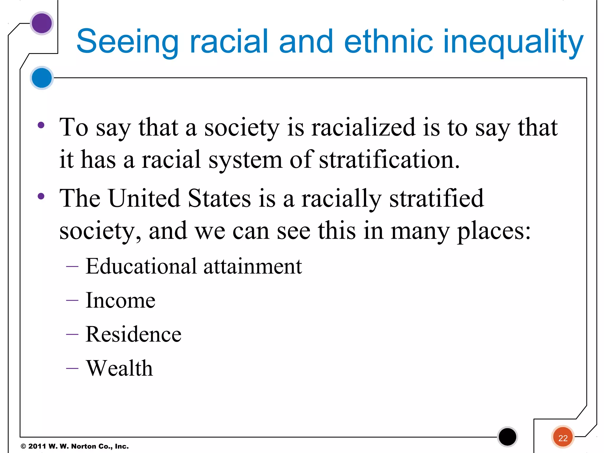 © 2011 W. W. Norton Co., Inc.
Seeing racial and ethnic inequality
• To say that a society is racialized is to say that
it has a racial system of stratification.
• The United States is a racially stratified
society, and we can see this in many places:
– Educational attainment
– Income
– Residence
– Wealth
22
 