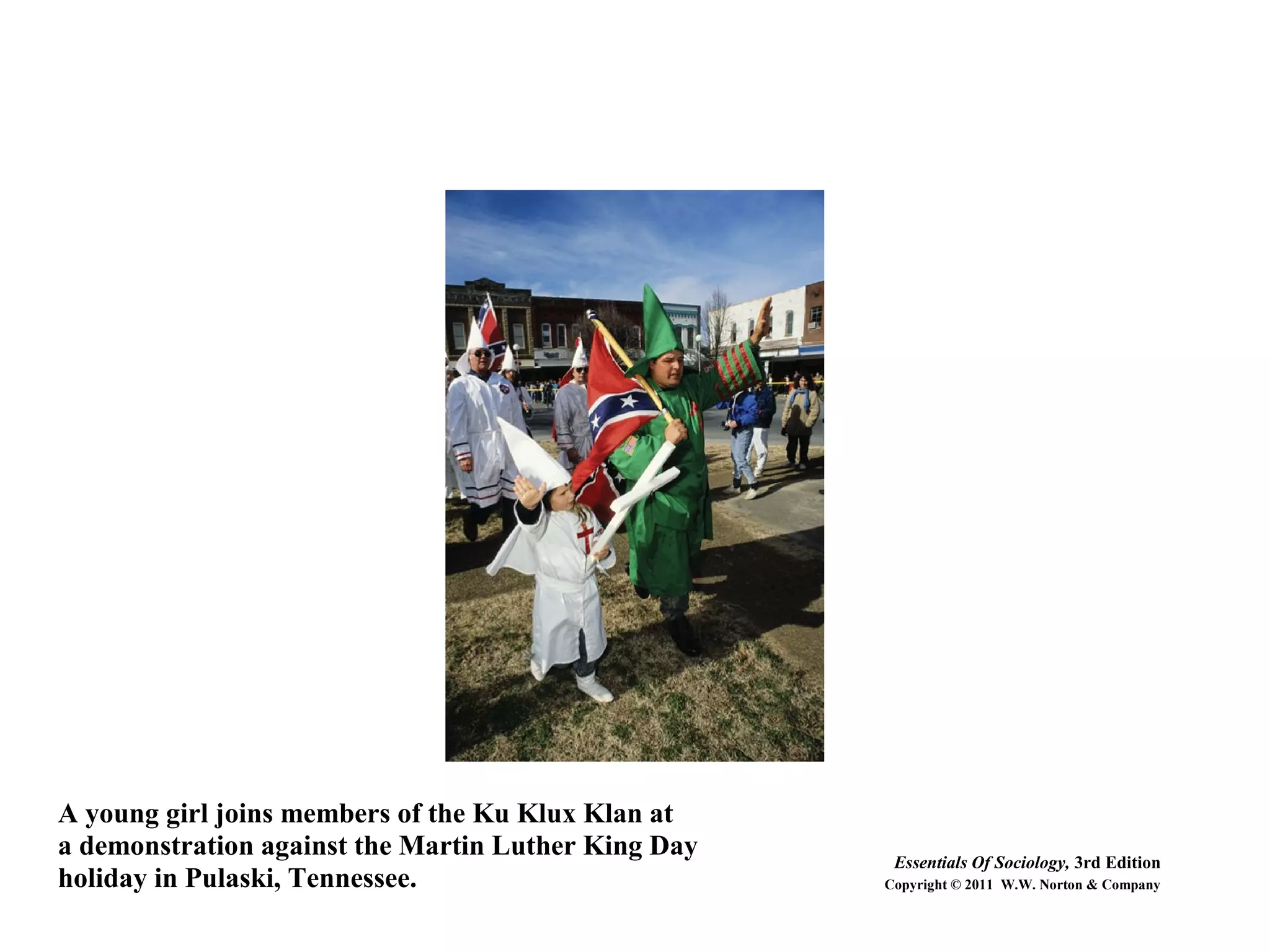 A young girl joins members of the Ku Klux Klan at
a demonstration against the Martin Luther King Day
holiday in Pulaski, Tennessee.
Essentials Of Sociology, 3rd Edition
Copyright © 2011 W.W. Norton & Company
 