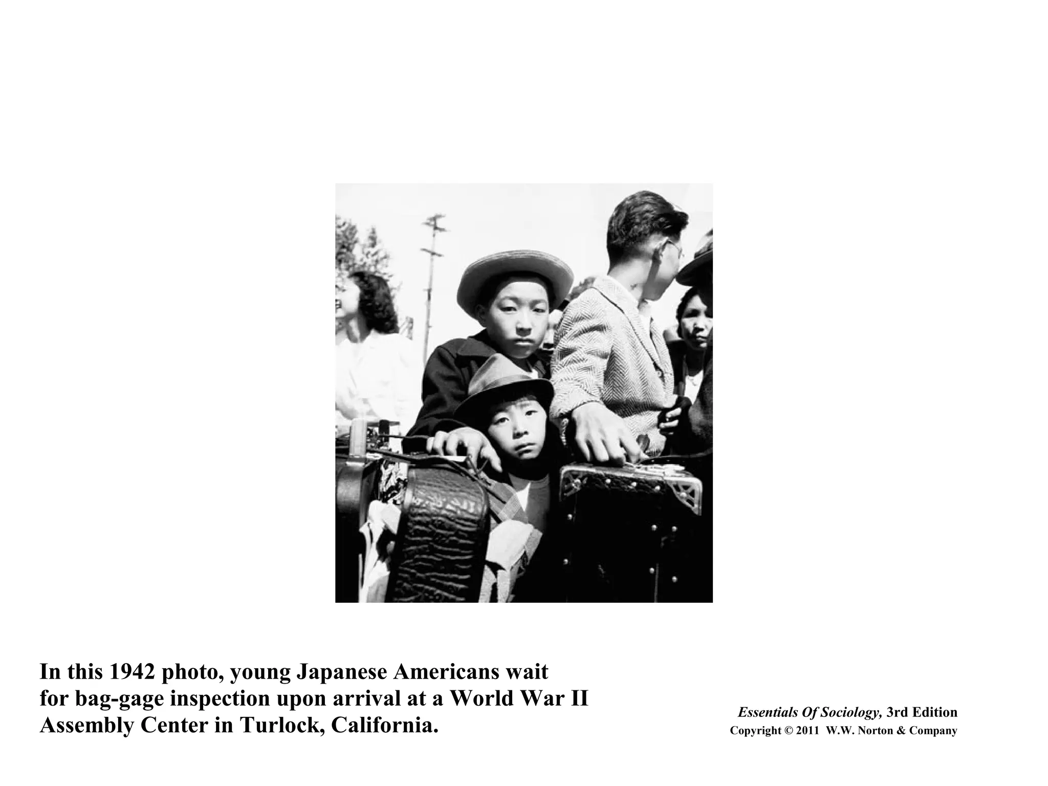 In this 1942 photo, young Japanese Americans wait
for bag-gage inspection upon arrival at a World War II
Assembly Center in Turlock, California.
Essentials Of Sociology, 3rd Edition
Copyright © 2011 W.W. Norton & Company
 