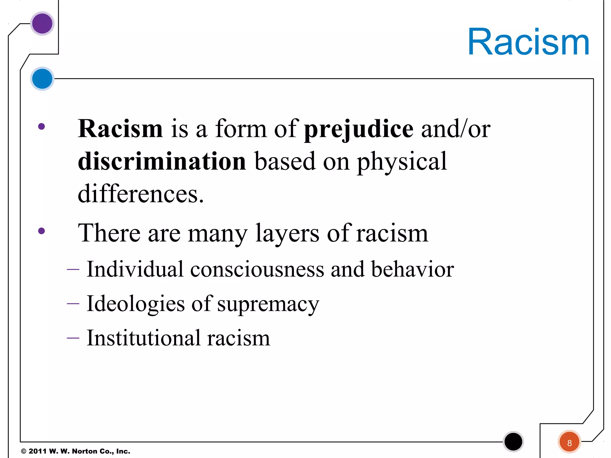 © 2011 W. W. Norton Co., Inc.
Racism
• Racism is a form of prejudice and/or
discrimination based on physical
differences.
• There are many layers of racism
– Individual consciousness and behavior
– Ideologies of supremacy
– Institutional racism
8
 
