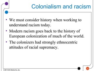 © 2011 W. W. Norton Co., Inc.
Colonialism and racism
• We must consider history when working to
understand racism today.
• Modern racism goes back to the history of
European colonization of much of the world.
• The colonizers had strongly ethnocentric
attitudes of racial supremacy.
10
 
