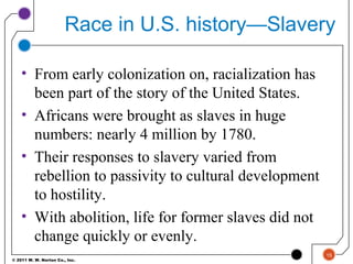 © 2011 W. W. Norton Co., Inc.
Race in U.S. history—Slavery
• From early colonization on, racialization has
been part of the story of the United States.
• Africans were brought as slaves in huge
numbers: nearly 4 million by 1780.
• Their responses to slavery varied from
rebellion to passivity to cultural development
to hostility.
• With abolition, life for former slaves did not
change quickly or evenly.
15
 