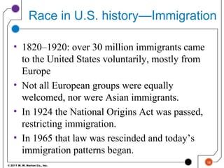 © 2011 W. W. Norton Co., Inc.
Race in U.S. history—Immigration
• 1820–1920: over 30 million immigrants came
to the United States voluntarily, mostly from
Europe
• Not all European groups were equally
welcomed, nor were Asian immigrants.
• In 1924 the National Origins Act was passed,
restricting immigration.
• In 1965 that law was rescinded and today’s
immigration patterns began.
16
 