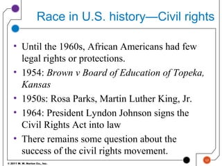 © 2011 W. W. Norton Co., Inc.
Race in U.S. history—Civil rights
• Until the 1960s, African Americans had few
legal rights or protections.
• 1954: Brown v Board of Education of Topeka,
Kansas
• 1950s: Rosa Parks, Martin Luther King, Jr.
• 1964: President Lyndon Johnson signs the
Civil Rights Act into law
• There remains some question about the
success of the civil rights movement.
17
 