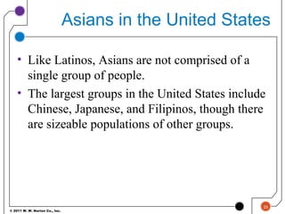 © 2011 W. W. Norton Co., Inc.
Asians in the United States
• Like Latinos, Asians are not comprised of a
single group of people.
• The largest groups in the United States include
Chinese, Japanese, and Filipinos, though there
are sizeable populations of other groups.
20
 