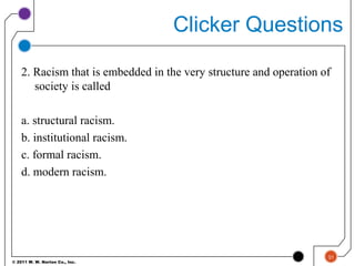 © 2011 W. W. Norton Co., Inc.
Clicker Questions
2. Racism that is embedded in the very structure and operation of
society is called
a. structural racism.
b. institutional racism.
c. formal racism.
d. modern racism.
31
 