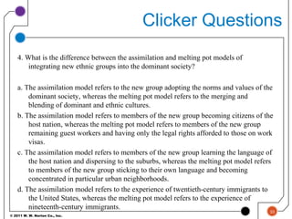 © 2011 W. W. Norton Co., Inc.
Clicker Questions
4. What is the difference between the assimilation and melting pot models of
integrating new ethnic groups into the dominant society?
a. The assimilation model refers to the new group adopting the norms and values of the
dominant society, whereas the melting pot model refers to the merging and
blending of dominant and ethnic cultures.
b. The assimilation model refers to members of the new group becoming citizens of the
host nation, whereas the melting pot model refers to members of the new group
remaining guest workers and having only the legal rights afforded to those on work
visas.
c. The assimilation model refers to members of the new group learning the language of
the host nation and dispersing to the suburbs, whereas the melting pot model refers
to members of the new group sticking to their own language and becoming
concentrated in particular urban neighborhoods.
d. The assimilation model refers to the experience of twentieth-century immigrants to
the United States, whereas the melting pot model refers to the experience of
nineteenth-century immigrants.
33
 