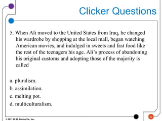 © 2011 W. W. Norton Co., Inc.
Clicker Questions
5. When Ali moved to the United States from Iraq, he changed
his wardrobe by shopping at the local mall, began watching
American movies, and indulged in sweets and fast food like
the rest of the teenagers his age. Ali’s process of abandoning
his original customs and adopting those of the majority is
called
a. pluralism.
b. assimilation.
c. melting pot.
d. multiculturalism.
34
 