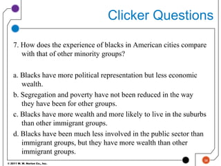 © 2011 W. W. Norton Co., Inc.
Clicker Questions
7. How does the experience of blacks in American cities compare
with that of other minority groups?
a. Blacks have more political representation but less economic
wealth.
b. Segregation and poverty have not been reduced in the way
they have been for other groups.
c. Blacks have more wealth and more likely to live in the suburbs
than other immigrant groups.
d. Blacks have been much less involved in the public sector than
immigrant groups, but they have more wealth than other
immigrant groups.
36
 