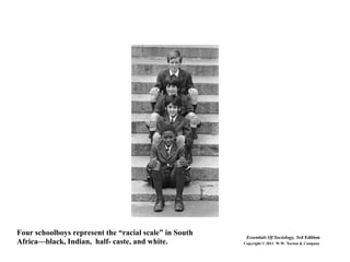Four schoolboys represent the “racial scale” in South
Africa—black, Indian, half- caste, and white.
Essentials Of Sociology, 3rd Edition
Copyright © 2011 W.W. Norton & Company
 