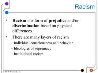 © 2011 W. W. Norton Co., Inc.
Racism
• Racism is a form of prejudice and/or
discrimination based on physical
differences.
• There are many layers of racism
– Individual consciousness and behavior
– Ideologies of supremacy
– Institutional racism
8
 