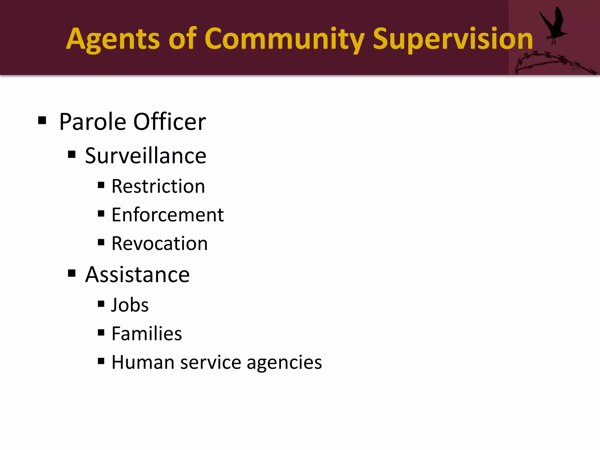 Agents of Community Supervision
 Parole Officer
 Surveillance
 Restriction
 Enforcement
 Revocation
 Assistance
 Jobs
 Families
 Human service agencies
 