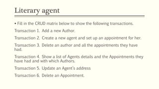 Literary agent
 Fill in the CRUD matrix below to show the following transactions.
Transaction 1. Add a new Author.
Transaction 2. Create a new agent and set up an appointment for her.
Transaction 3. Delete an author and all the appointments they have
had.
Transaction 4. Show a list of Agents details and the Appointments they
have had and with which Authors.
Transaction 5. Update an Agent’s address
Transaction 6. Delete an Appointment.
 