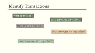 Identify Transactions
What do they do?
What tables do they affect?
What attributes do they affect?
How often do they run?
How many rows do they affect?
 