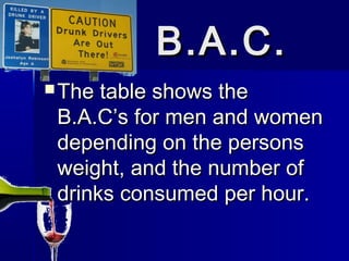B.A.C.B.A.C.
 The table shows theThe table shows the
B.A.C’s for men and womenB.A.C’s for men and women
depending on the personsdepending on the persons
weight, and the number ofweight, and the number of
drinks consumed per hour.drinks consumed per hour.
 