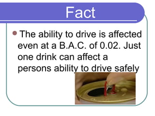Fact
The ability to drive is affected
even at a B.A.C. of 0.02. Just
one drink can affect a
persons ability to drive safely
 