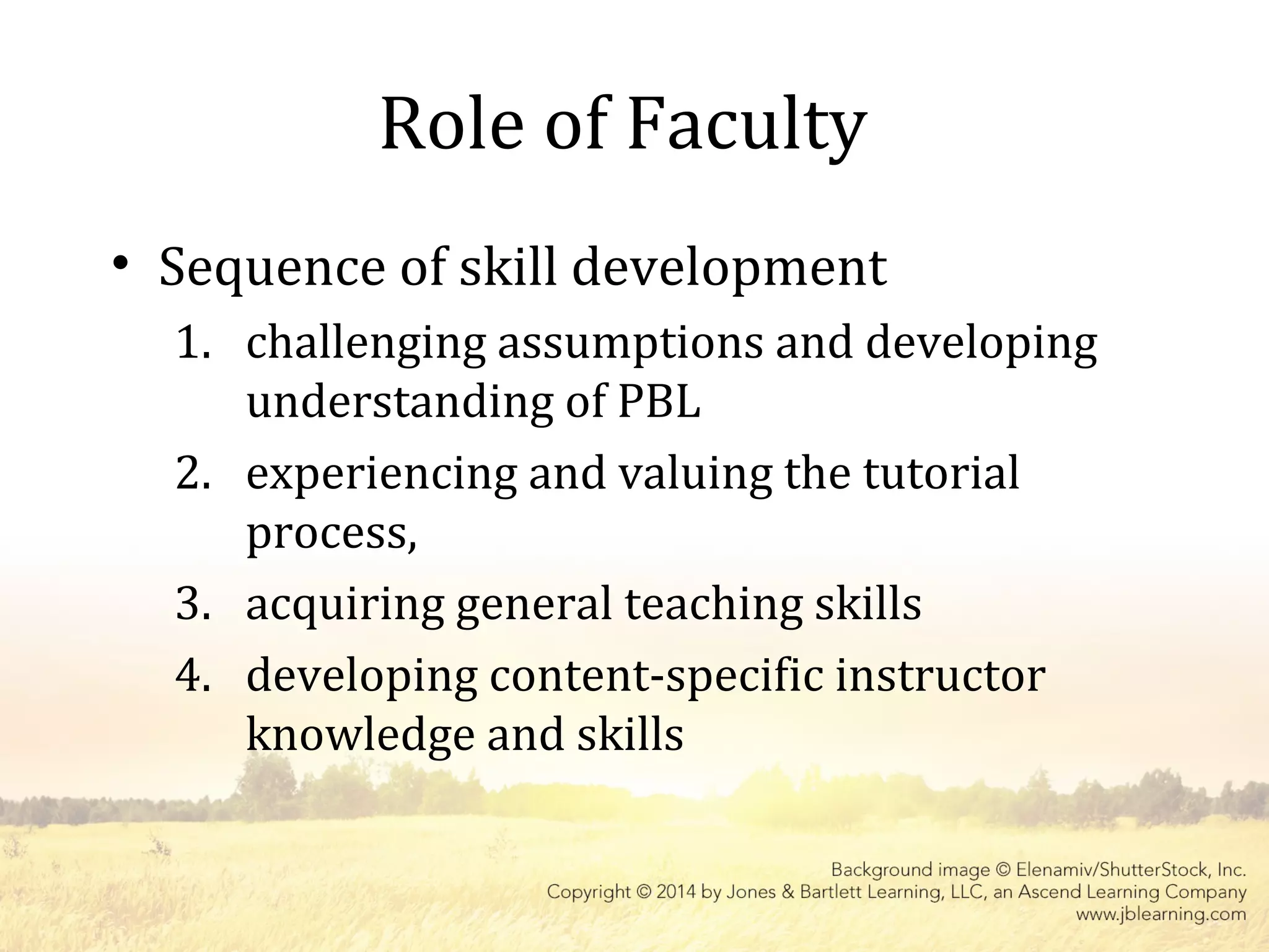 Role of Faculty
• Sequence of skill development
1. challenging assumptions and developing
understanding of PBL
2. experiencing and valuing the tutorial
process,
3. acquiring general teaching skills
4. developing content-specific instructor
knowledge and skills
 