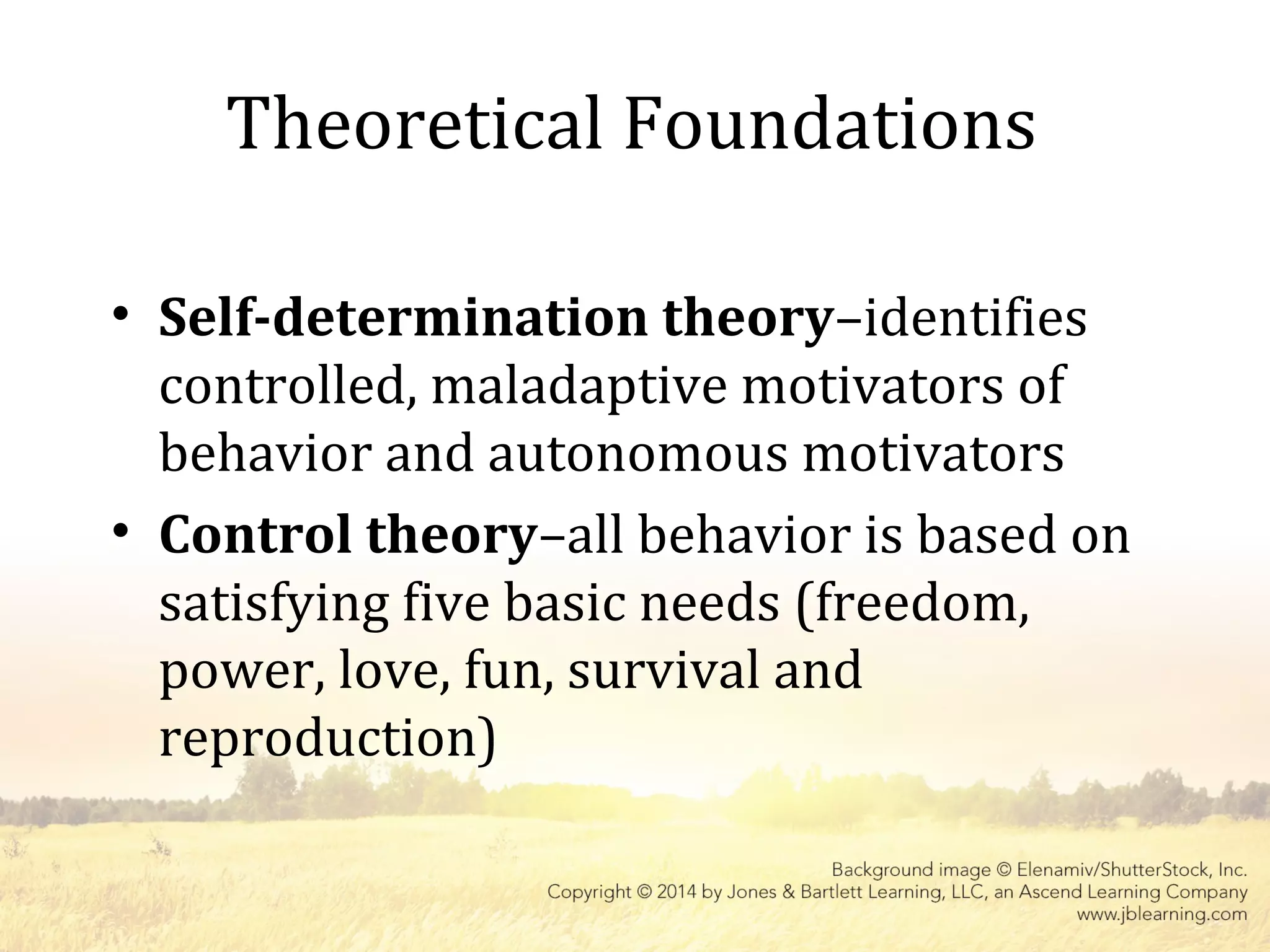 Theoretical Foundations
• Self-determination theory–identifies
controlled, maladaptive motivators of
behavior and autonomous motivators
• Control theory–all behavior is based on
satisfying five basic needs (freedom,
power, love, fun, survival and
reproduction)
 