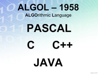 ALGOL – 1958
ALGOrithmic Language
PASCAL
C
JAVA
C++
 