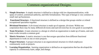 Common organizational Designs.
1. Simple Structure- A simple structure is defined as a design with low departmentalization, wide
spans of control, centralized authority, and little formalization. This type of design is very common in
small start up businesses.
2. Functional Structure- A functional structure is defined as a design that groups similar or related
occupational specialties together.
3. Divisional Structure- A divisional structure is made up of separate, divisions. Within one
corporation there may be many different divisions and each division has its own goals to accomplish.
4. Team Structure- A team structure is a design in which an organization is made up of teams, and each
team works towards a common goal.
5. Matrix Structure- A matrix structure is one that assigns specialists from different functional
departments to work on one or more projects.
6. Project Structure- A project structure is an organizational structure in which employees
continuously work on projects.
7. Learning Organization - learning organization is defined as an organization that has developed the
capacity to continuously learn, adapt, and change.
 