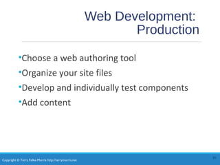 Copyright © Terry Felke-Morris http://terrymorris.net
Web Development:
Production
•Choose a web authoring tool
•Organize your site files
•Develop and individually test components
•Add content
10
 