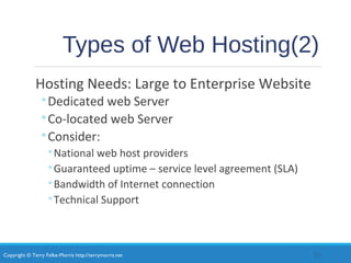 Copyright © Terry Felke-Morris http://terrymorris.net
Types of Web Hosting(2)
Hosting Needs: Large to Enterprise Website
◦Dedicated web Server
◦Co-located web Server
◦Consider:
◦National web host providers
◦Guaranteed uptime – service level agreement (SLA)
◦Bandwidth of Internet connection
◦Technical Support
22
 