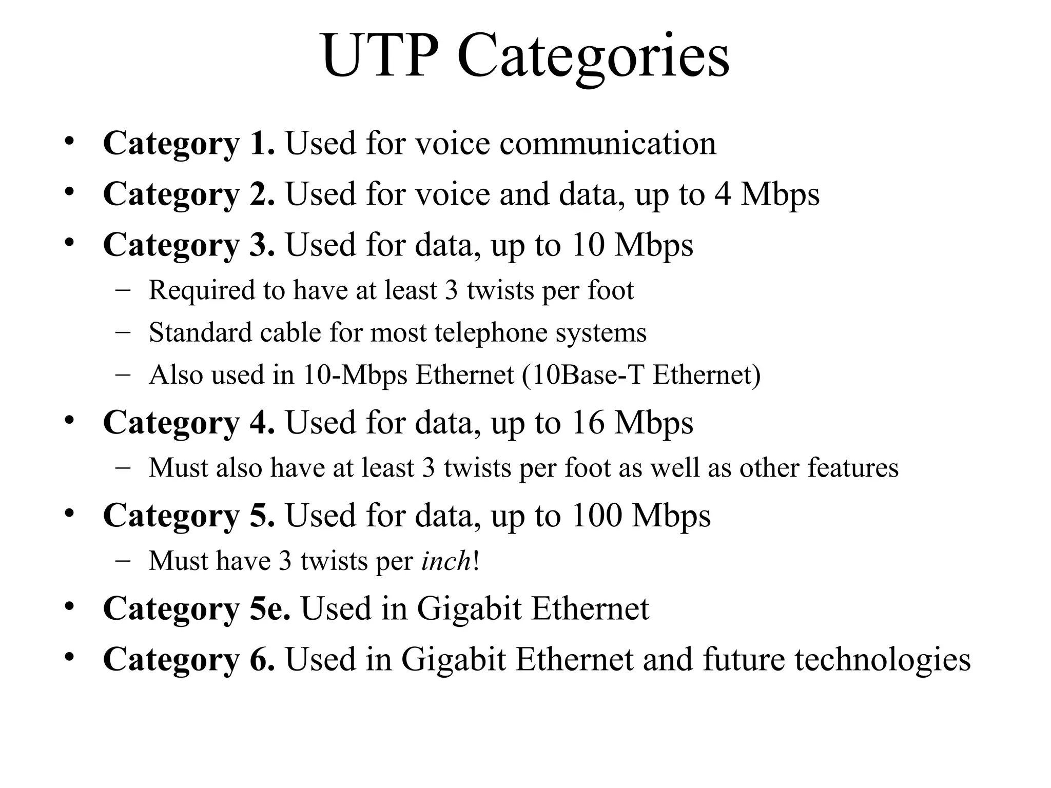 UTP Categories
• Category 1. Used for voice communication
• Category 2. Used for voice and data, up to 4 Mbps
• Category 3. Used for data, up to 10 Mbps
– Required to have at least 3 twists per foot
– Standard cable for most telephone systems
– Also used in 10-Mbps Ethernet (10Base-T Ethernet)
• Category 4. Used for data, up to 16 Mbps
– Must also have at least 3 twists per foot as well as other features
• Category 5. Used for data, up to 100 Mbps
– Must have 3 twists per inch!
• Category 5e. Used in Gigabit Ethernet
• Category 6. Used in Gigabit Ethernet and future technologies
 