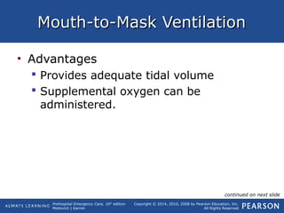 Prehospital Emergency Care, 10th
edition
Mistovich | Karren
Copyright © 2014, 2010, 2008 by Pearson Education, Inc.
All Rights Reserved
Mouth-to-Mask VentilationMouth-to-Mask Ventilation
• Advantages
 Provides adequate tidal volume
 Supplemental oxygen can be
administered.
continued on next slide
 