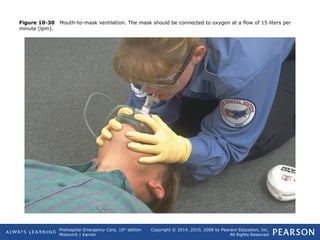 Prehospital Emergency Care, 10th
edition
Mistovich | Karren
Copyright © 2014, 2010, 2008 by Pearson Education, Inc.
All Rights Reserved
Figure 10-30 Mouth-to-mask ventilation. The mask should be connected to oxygen at a flow of 15 liters per
minute (lpm).
 