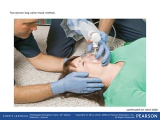 Prehospital Emergency Care, 10th
edition
Mistovich | Karren
Copyright © 2014, 2010, 2008 by Pearson Education, Inc.
All Rights Reserved
Two-person bag-valve-mask method.
continued on next slide
 
