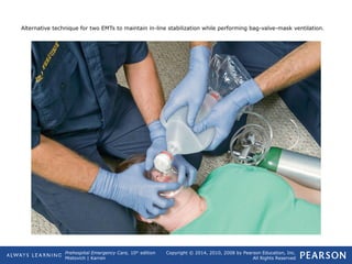 Prehospital Emergency Care, 10th
edition
Mistovich | Karren
Copyright © 2014, 2010, 2008 by Pearson Education, Inc.
All Rights Reserved
Alternative technique for two EMTs to maintain in-line stabilization while performing bag-valve-mask ventilation.
 