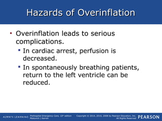Prehospital Emergency Care, 10th
edition
Mistovich | Karren
Copyright © 2014, 2010, 2008 by Pearson Education, Inc.
All Rights Reserved
Hazards of OverinflationHazards of Overinflation
• Overinflation leads to serious
complications.
 In cardiac arrest, perfusion is
decreased.
 In spontaneously breathing patients,
return to the left ventricle can be
reduced.
 