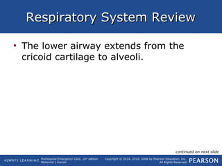 Prehospital Emergency Care, 10th
edition
Mistovich | Karren
Copyright © 2014, 2010, 2008 by Pearson Education, Inc.
All Rights Reserved
Respiratory System ReviewRespiratory System Review
• The lower airway extends from the
cricoid cartilage to alveoli.
continued on next slide
 