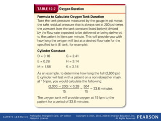 Prehospital Emergency Care, 10th
edition
Mistovich | Karren
Copyright © 2014, 2010, 2008 by Pearson Education, Inc.
All Rights Reserved
Table 10-7 Oxygen Duration
 