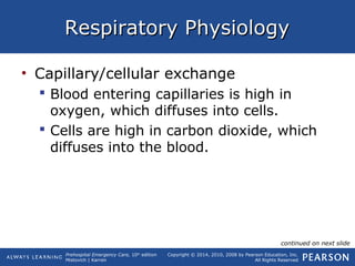 Prehospital Emergency Care, 10th
edition
Mistovich | Karren
Copyright © 2014, 2010, 2008 by Pearson Education, Inc.
All Rights Reserved
Respiratory PhysiologyRespiratory Physiology
• Capillary/cellular exchange
 Blood entering capillaries is high in
oxygen, which diffuses into cells.
 Cells are high in carbon dioxide, which
diffuses into the blood.
continued on next slide
 