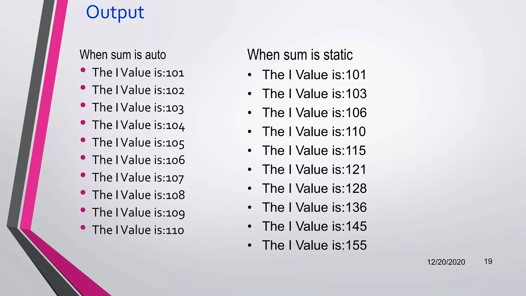 Output
When sum is auto
• The IValue is:101
• The IValue is:102
• The IValue is:103
• The IValue is:104
• The IValue is:105
• The IValue is:106
• The IValue is:107
• The IValue is:108
• The IValue is:109
• The IValue is:110
12/20/2020 19
When sum is static
• The I Value is:101
• The I Value is:103
• The I Value is:106
• The I Value is:110
• The I Value is:115
• The I Value is:121
• The I Value is:128
• The I Value is:136
• The I Value is:145
• The I Value is:155
 