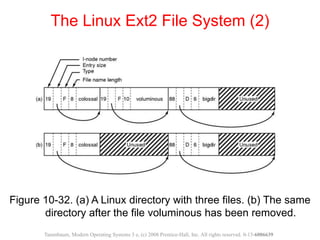 Figure 10-32. (a) A Linux directory with three files. (b) The same
directory after the file voluminous has been removed.
The Linux Ext2 File System (2)
Tanenbaum, Modern Operating Systems 3 e, (c) 2008 Prentice-Hall, Inc. All rights reserved. 0-13-6006639
 