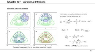 Chapter 10.1. Variational Inference
10
Univariate Gaussian Exmaple
Please see how 𝒒𝝁(𝝁)𝒒𝝉(𝝉) fits the desired true posterior of 𝒑(𝝁, 𝝉|𝑫)
In optimization formula, there exist some moment of
parameters. They can be optimized by…
Which is an UMVE of gaussian variance
 