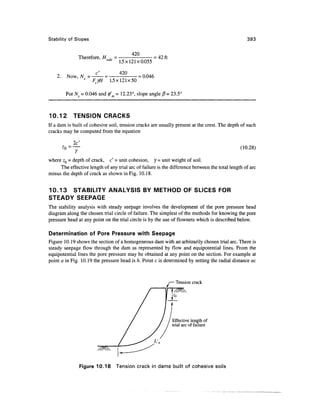 Stability of Slopes 393
Therefore, # . =
420
2. Now, NS = •
safe
1.5x121x0.055
420
= 42 ft
= 0.046
FcyH 1.5x121x50
For N = 0.046 and 0' = 12.23°, slope angle P = 23.5C
10.12 TENSION CRACKS
If a dam is built of cohesive soil, tension cracks are usually present at the crest. The depth of such
cracks may be computed from the equation
r (10.28)
where z0 = depth of crack, c' = unit cohesion, y = unit weight of soil.
The effective length of any trial arc of failure is the difference between the total length of arc
minus the depth of crack as shown in Fig. 10.18.
10.13 STABILITY ANALYSIS BY METHOD OF SLICES FOR
STEADY SEEPAGE
The stability analysis with steady seepage involves the development of the pore pressure head
diagram along the chosen trial circle of failure. The simplest of the methods for knowing the pore
pressure head at any point on the trial circle is by the use of flownets which is described below.
Determination of Pore Pressure with Seepage
Figure 10.19 shows the section of a homogeneous dam with an arbitrarily chosen trial arc.There is
steady seepage flow through the dam as represented by flow and equipotential lines. From the
equipotential lines the pore pressure may be obtained at any point on the section. For example at
point a in Fig. 10.19 the pressure head is h. Point c is determined by setting the radial distance ac
Tension crack
Effective length of
trial arc of failure
Figure 10.18 Tension crack in dams built of cohesive soils
 