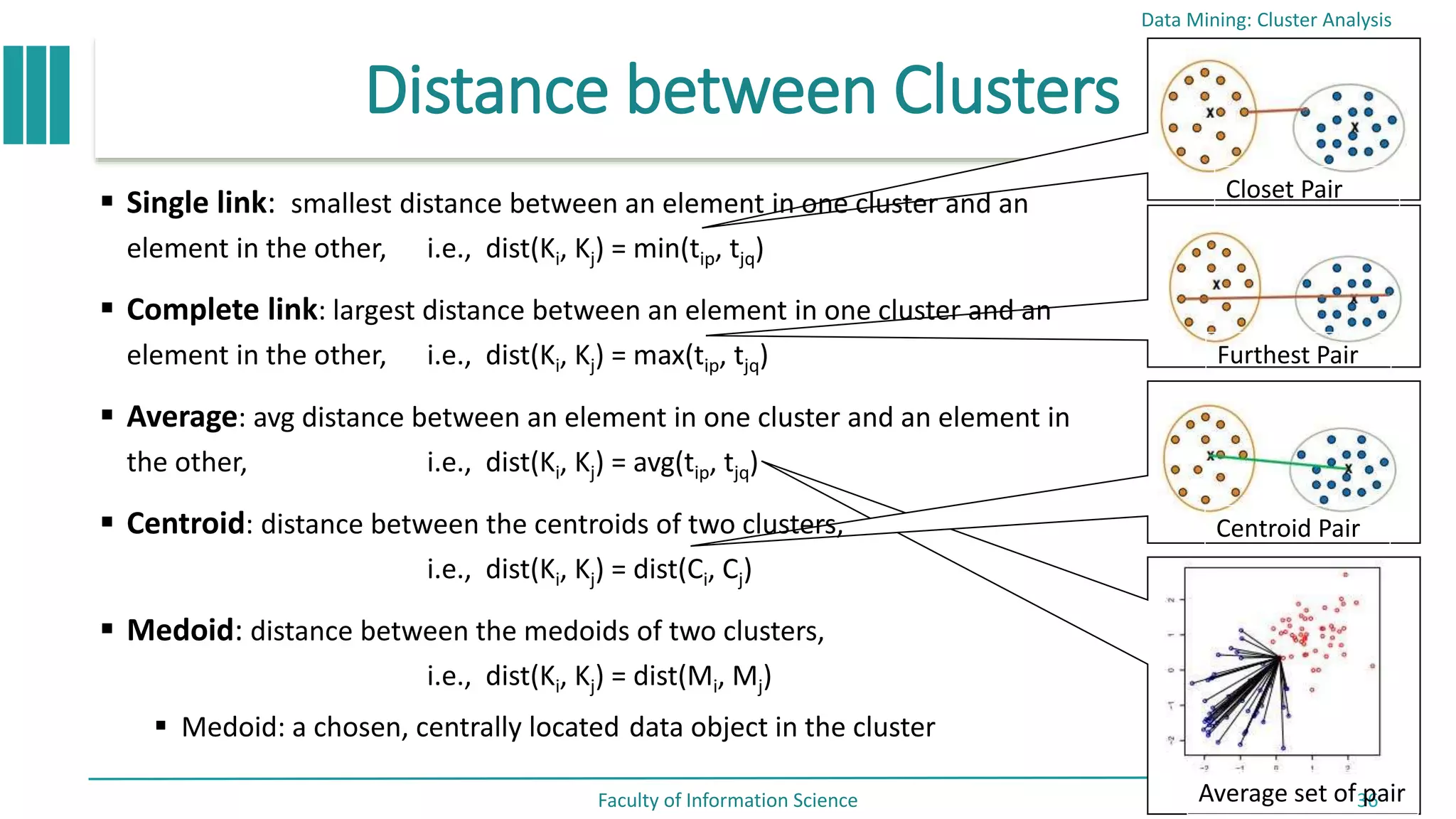 Distance between Clusters
Data Mining: Cluster Analysis
Faculty of Information Science 36
Closet Pair
Furthest Pair
Centroid Pair
Average set of pair
 Single link: smallest distance between an element in one cluster and an
element in the other, i.e., dist(Ki, Kj) = min(tip, tjq)
 Complete link: largest distance between an element in one cluster and an
element in the other, i.e., dist(Ki, Kj) = max(tip, tjq)
 Average: avg distance between an element in one cluster and an element in
the other, i.e., dist(Ki, Kj) = avg(tip, tjq)
 Centroid: distance between the centroids of two clusters,
i.e., dist(Ki, Kj) = dist(Ci, Cj)
 Medoid: distance between the medoids of two clusters,
i.e., dist(Ki, Kj) = dist(Mi, Mj)
 Medoid: a chosen, centrally located data object in the cluster
 