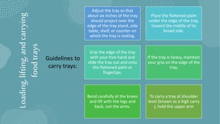 Loading,
lifting,
and
carrying
food
trays
Adjust the tray so that
about six inches of the tray
should project over the
edge of the tray stand, side
table, shelf, or counter on
which the tray is resting.
Place the flattened palm
under the edge of the tray,
toward the middle of its
broad side.
Grip the edge of the tray
with your free hand and
slide the tray out and onto
the flattened palm or
fingertips.
If the tray is heavy, maintain
your grip on the edge of the
tray.
Bend carefully at the knees
and lift with the legs and
back, not the arms.
To carry a tray at shoulder
level (known as a high carry
), hold the upper arm
Guidelines to
carry trays:
 
