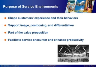 Services Marketing
Slide © 2010 by Lovelock & Wirtz Services Marketing 7/e Chapter 10 – Page 4
Purpose of Service Environments
 Shape customers’ experience and their behaviors
 Support image, positioning, and differentiation
 Part of the value proposition
 Facilitate service encounter and enhance productivity
 