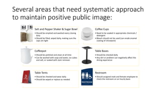 Several areas that need systematic approach
to maintain positive public image:
Salt and Pepper Shaker & Sugar Bowl
• Should be emptied and washed every closing
duty
• Should be filled, wiped daily, making sure the
caps are tight
Coffee Cups
• Need to be soaked in appropriate chemicals /
detergent
• Bleach should not be used (can erode enamel
coating of chinaware)
Coffeepot
• Should be polished and clean at all time
• Can be washed with soap and water, ice cubes
and salt, or soaked with stain remover.
Table Bases
• Should be checked daily
• Any dirt or problem can negatively affect the
dining experience
Table Tents
• Should be checked and wear daily
• Should be wiped or replace as needed
Restroom
• Should assigned male and female employee to
check the restroom on an hourly basis
 
