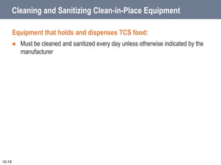 Machine Dishwashing
High-temperature machines:
 Final sanitizing rinse must be at least
180˚F (82˚C).
o 165˚F (74˚C) for ...